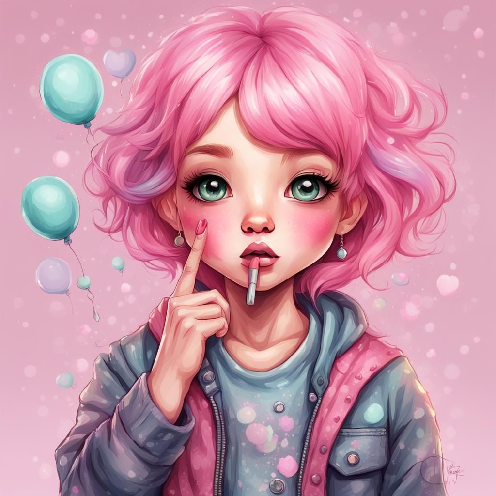 Chibi Woman with Pink Hair Blowing Kiss