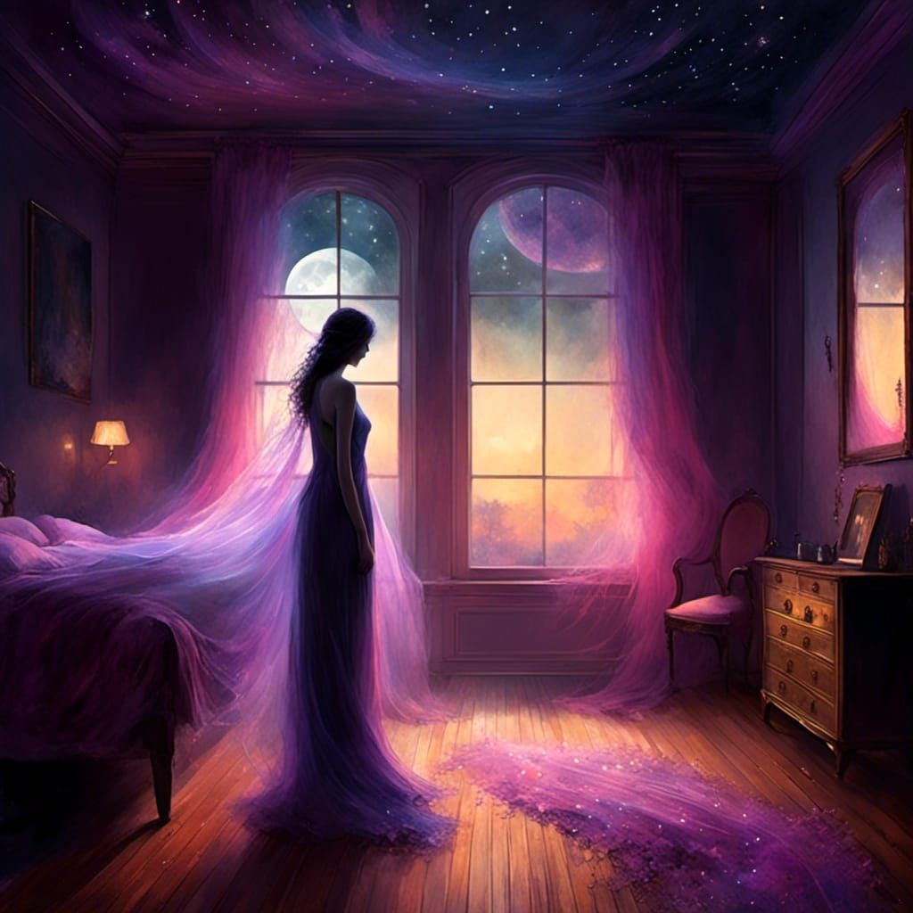 Ethereal Woman Enters Bedroom in Dark Art Style