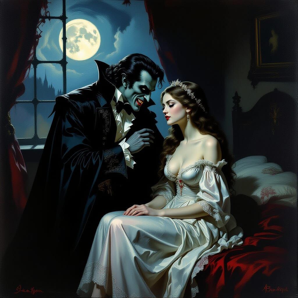Gothic Romance: Dracula and Maiden in Castle Bedroom