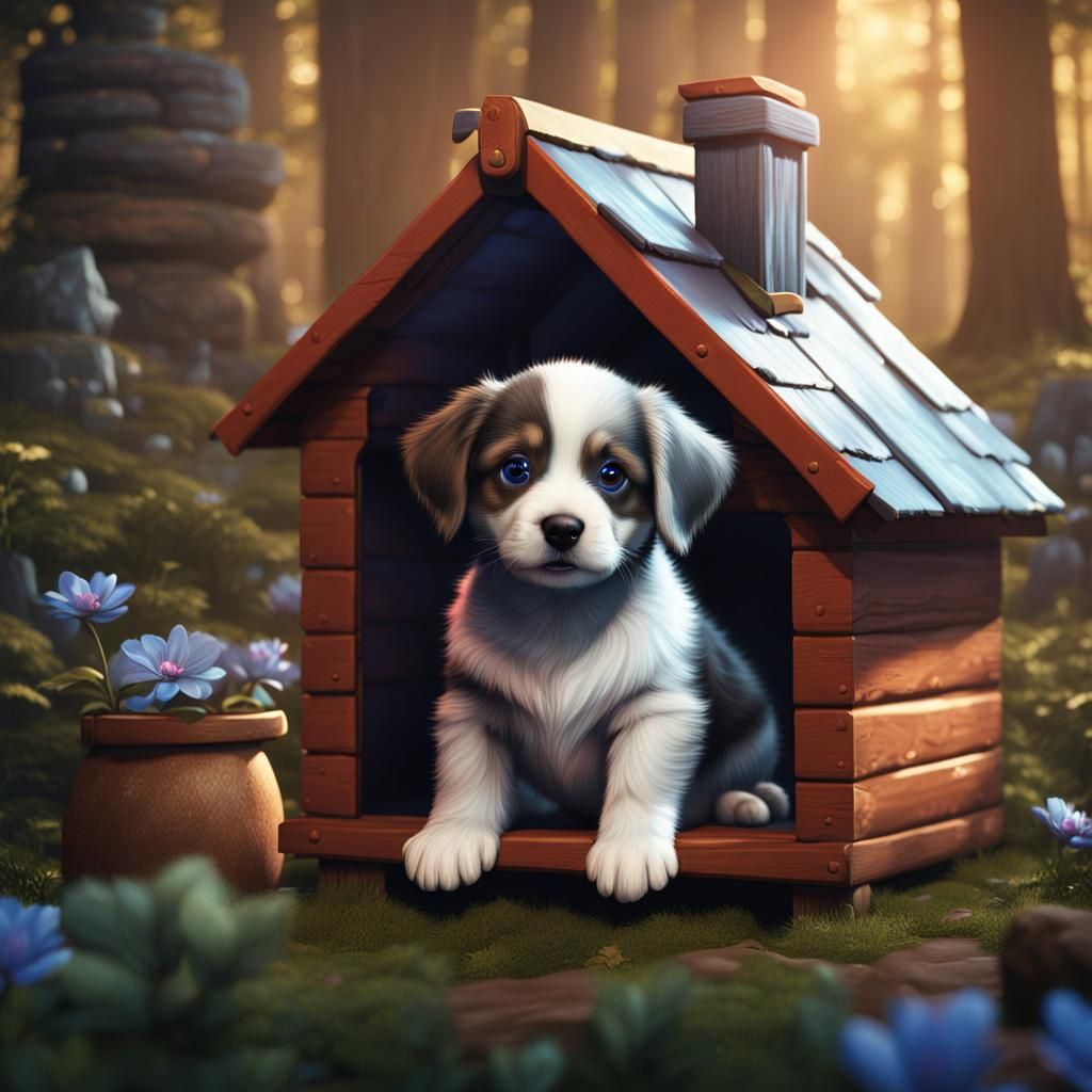 Cute Puppy in Dog House: Detailed Matte Painting