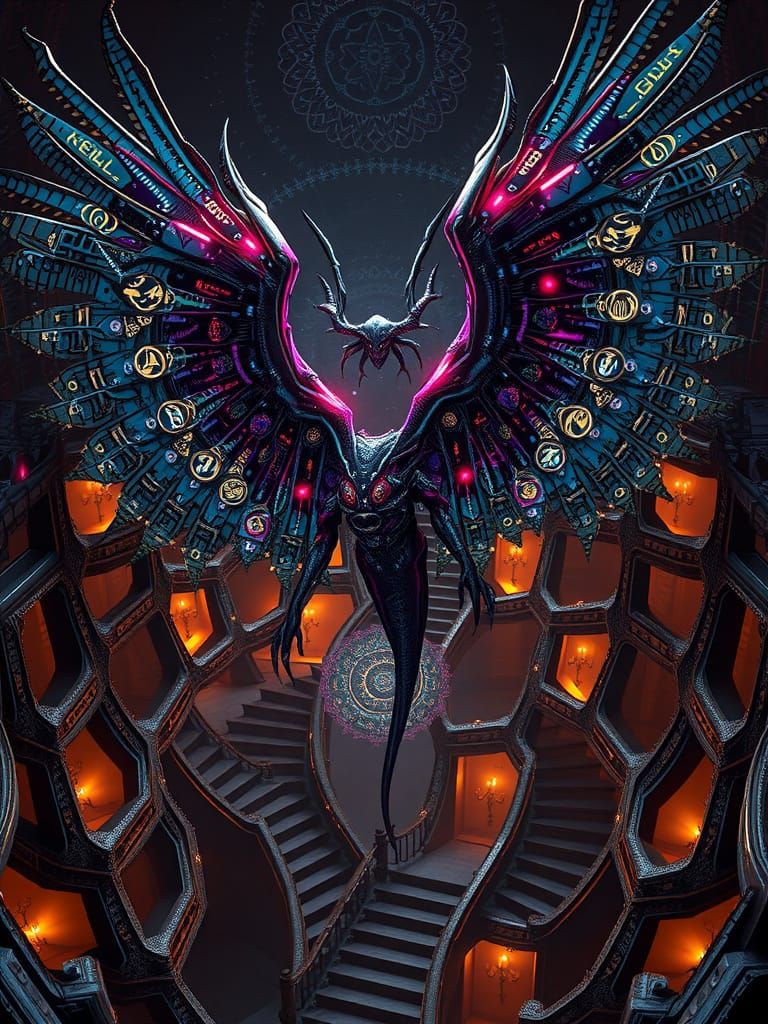 Escher-Inspired Seraph in Cyberpunk Style