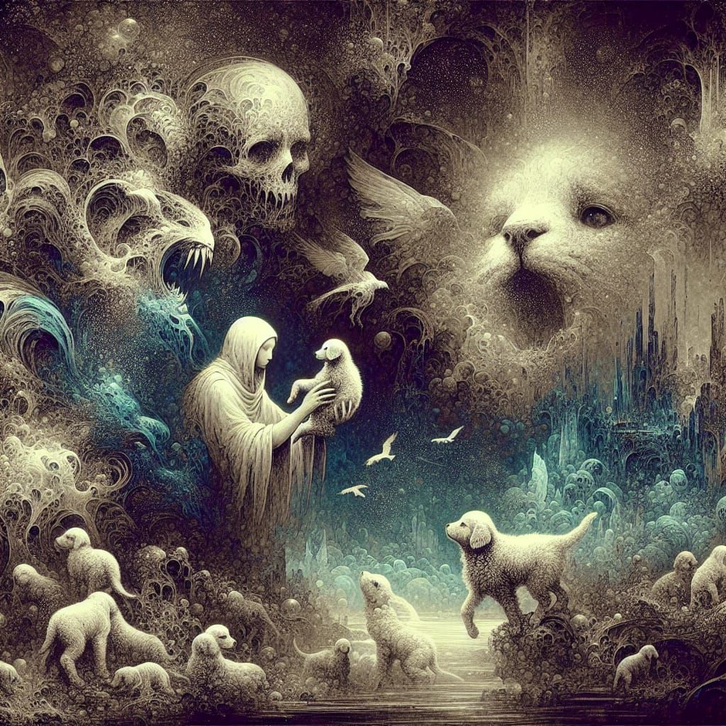Macabre Maximalist Ink Painting with Ethereal Puppies