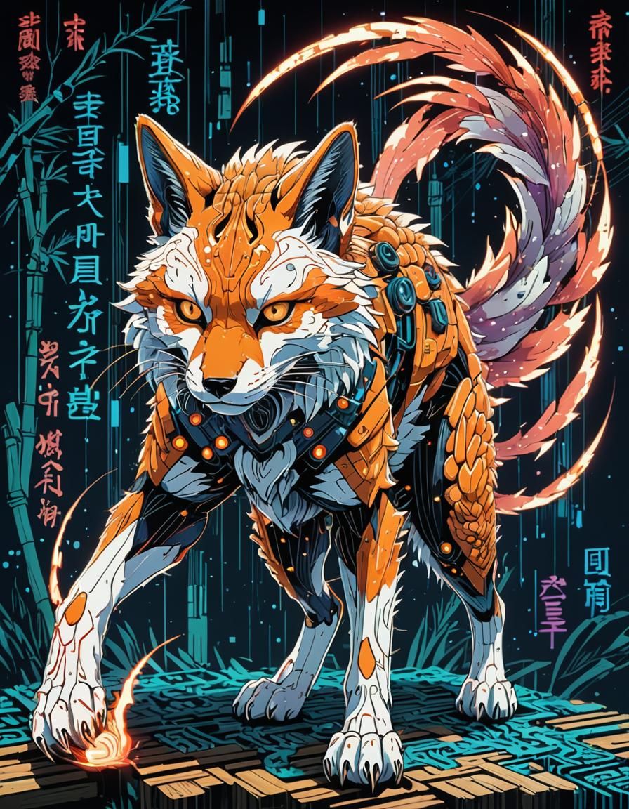 Cyberpunk Kitsune Hacking Neural Network in Ukiyo-e Style