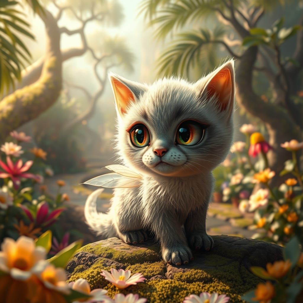 Surreal Fuzzy Cat-Caterpillar in Vibrant Botanical Garden