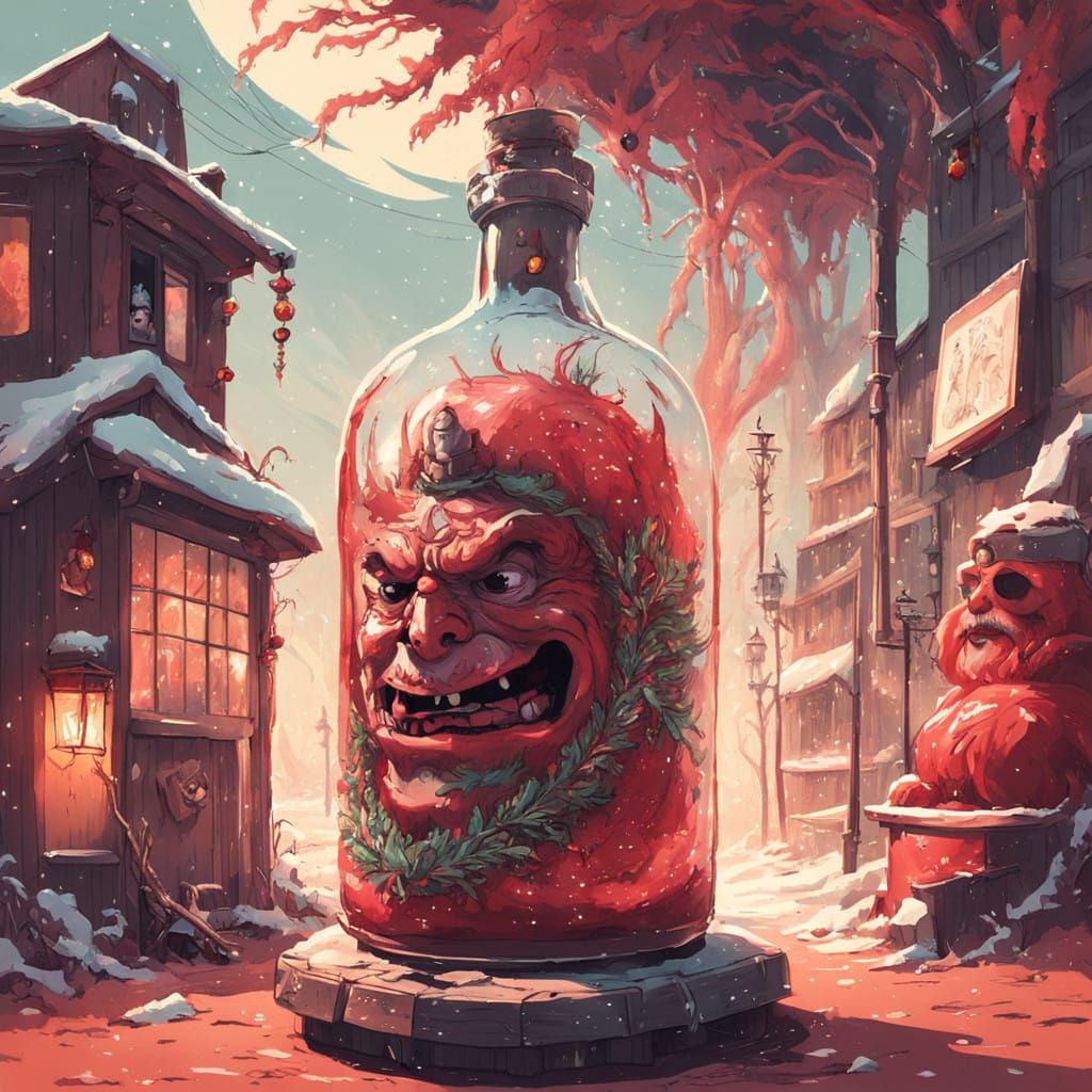 God Embracing Satan Under Twisted Christmas Tree