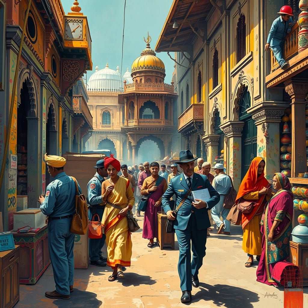 Rajasthan Marketplace During British Rule in Street Art Styl...