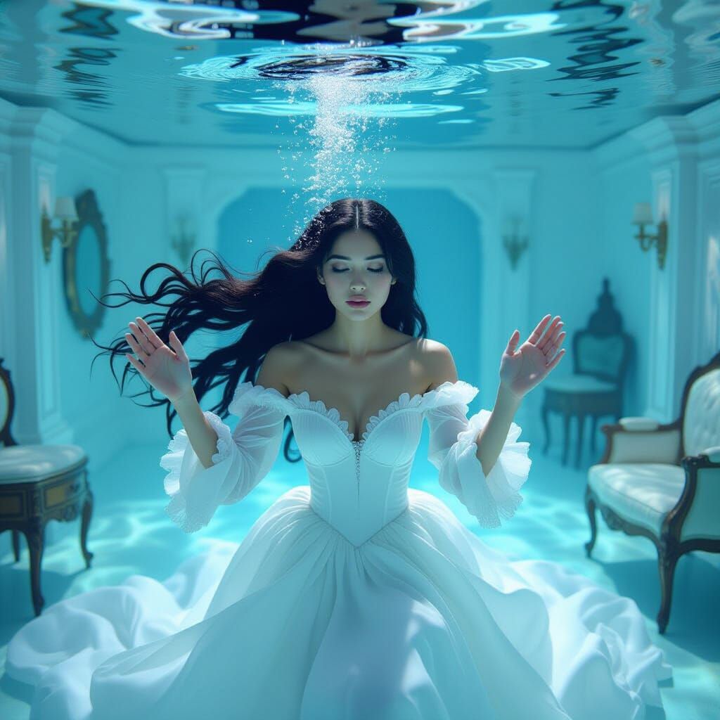 Woman Drowning Underwater in White Dress