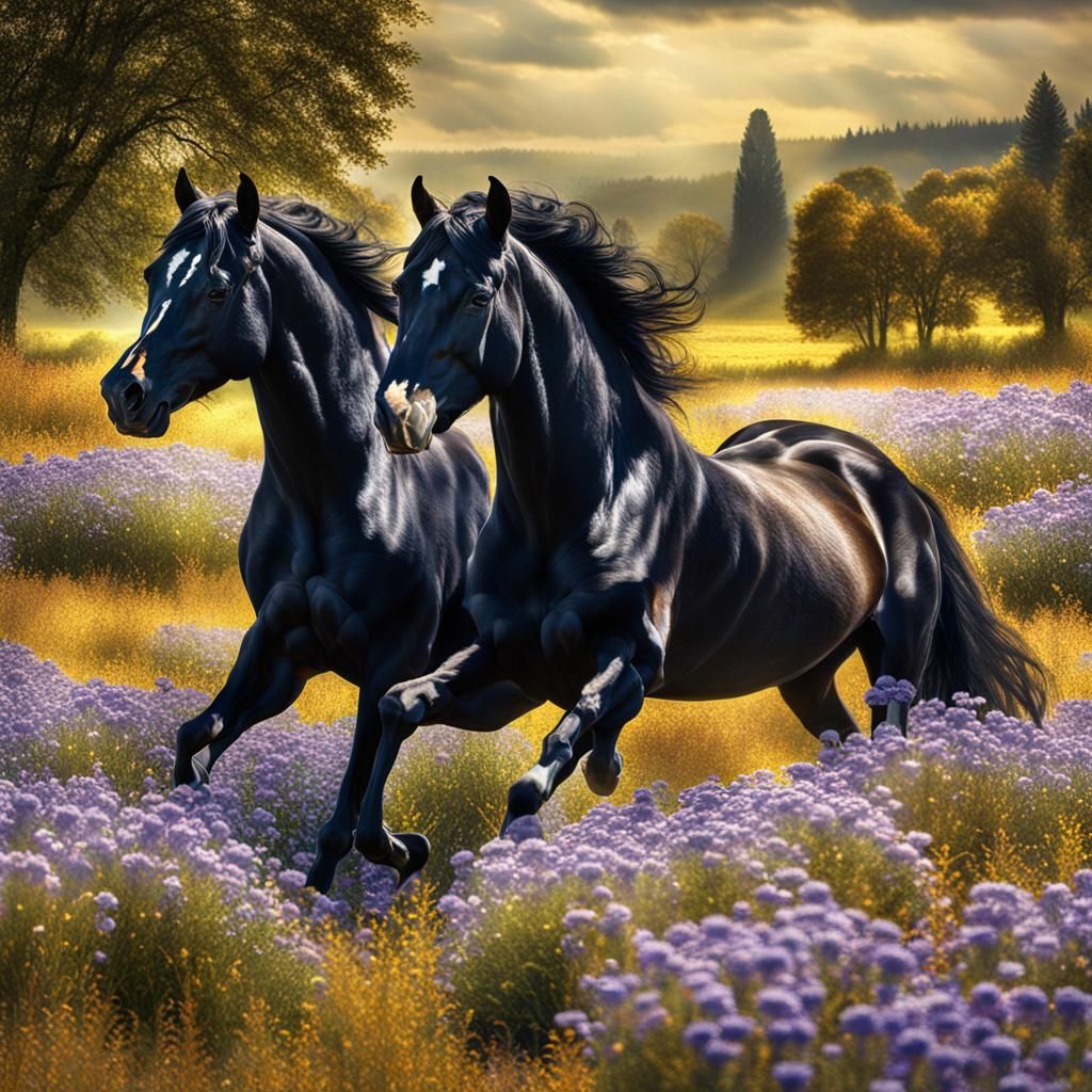 Majestic Black Horses Rearing in Flower Field