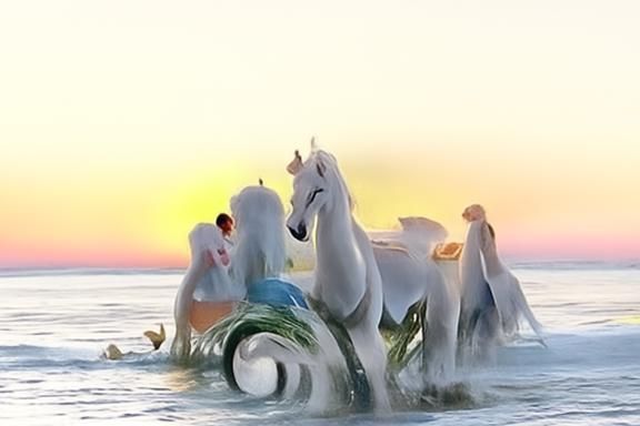 Renaissance Painting of White Horses at Sunrise