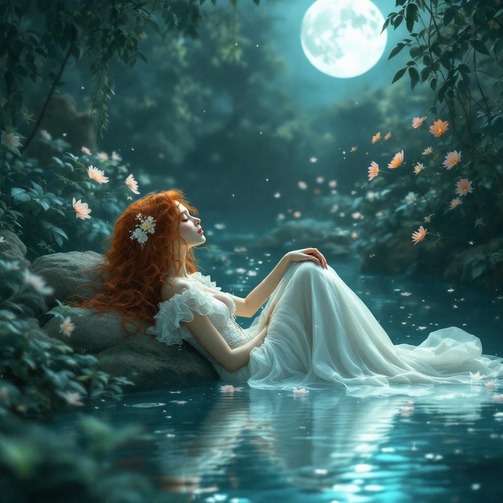 Red-Haired Woman in Pond Under Moonlight