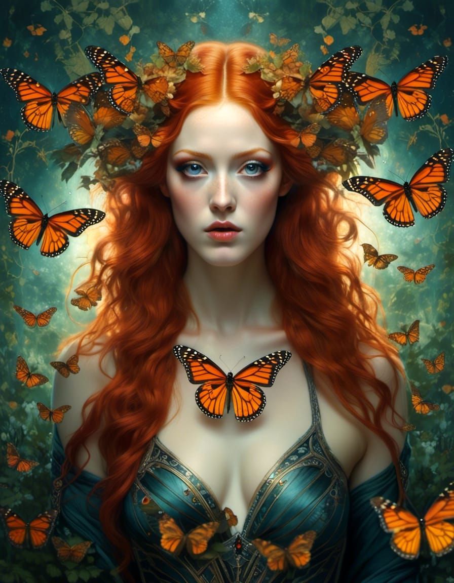 Redhead Monarch Butterfly Goddess in Hyperrealistic Style