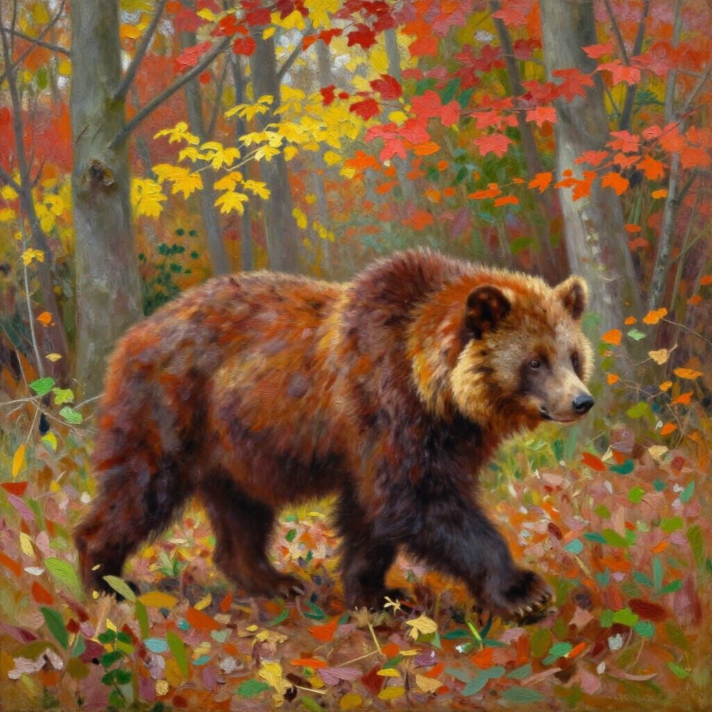 Brown Bear in Autumn Forest Oil Painting