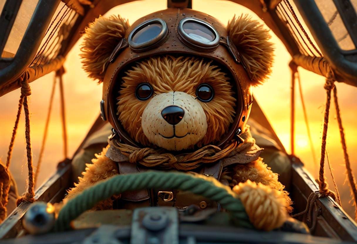 Teddy Bear WW2 Pilot Contemplating Sunset Over the Western F...