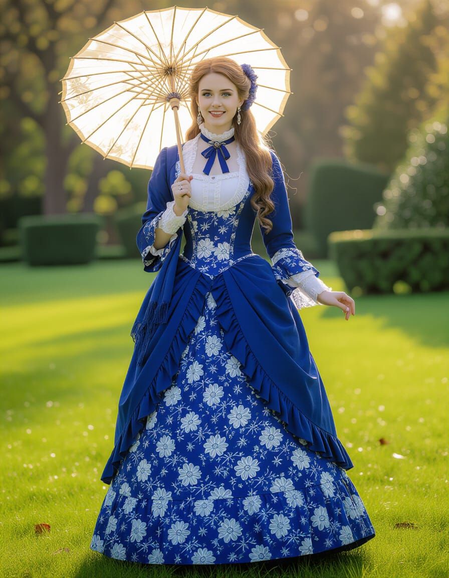 Steampunk Woman in Royal Blue Dress in Park