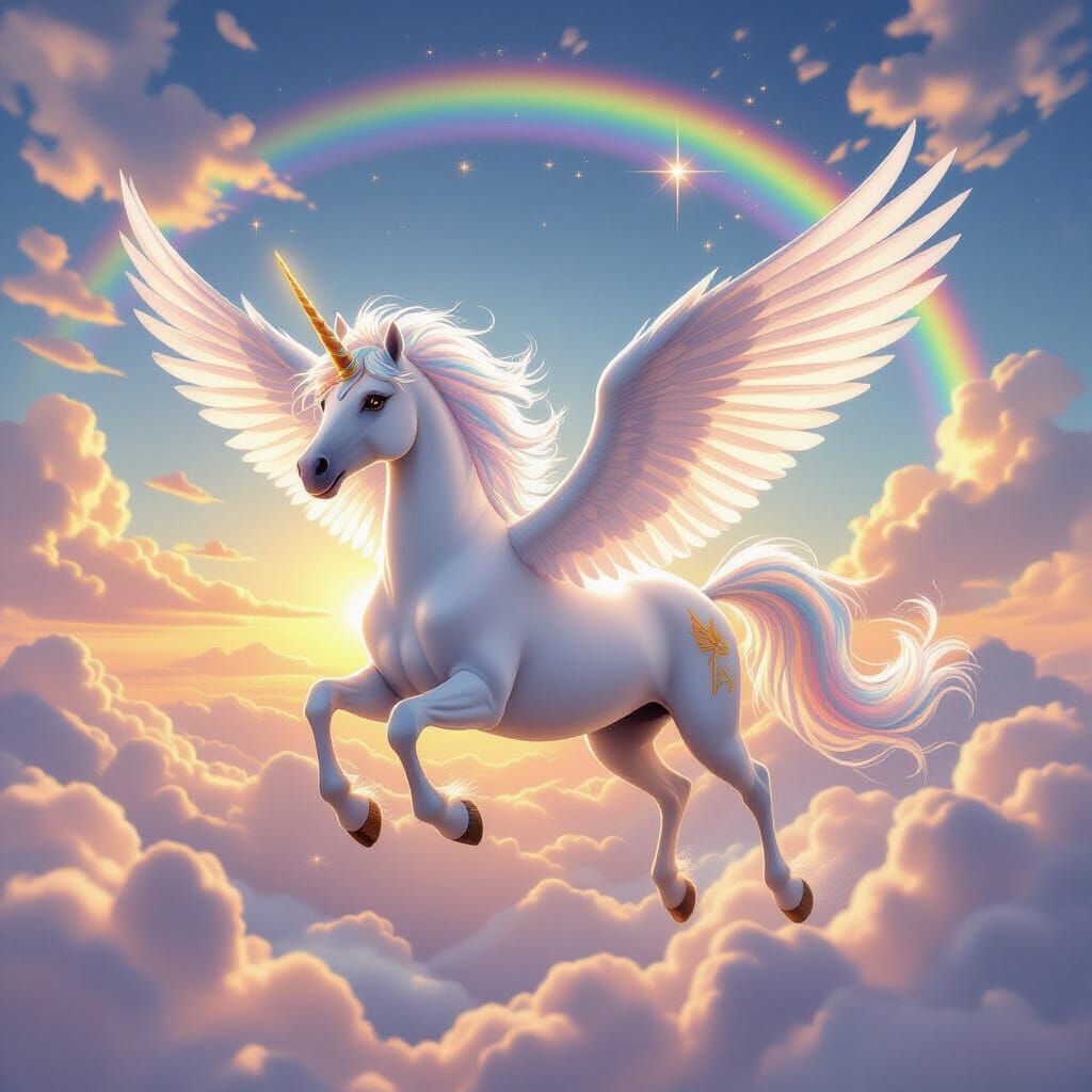 Winged Unicorn Soaring Through Rainbow Sky in Anime Style