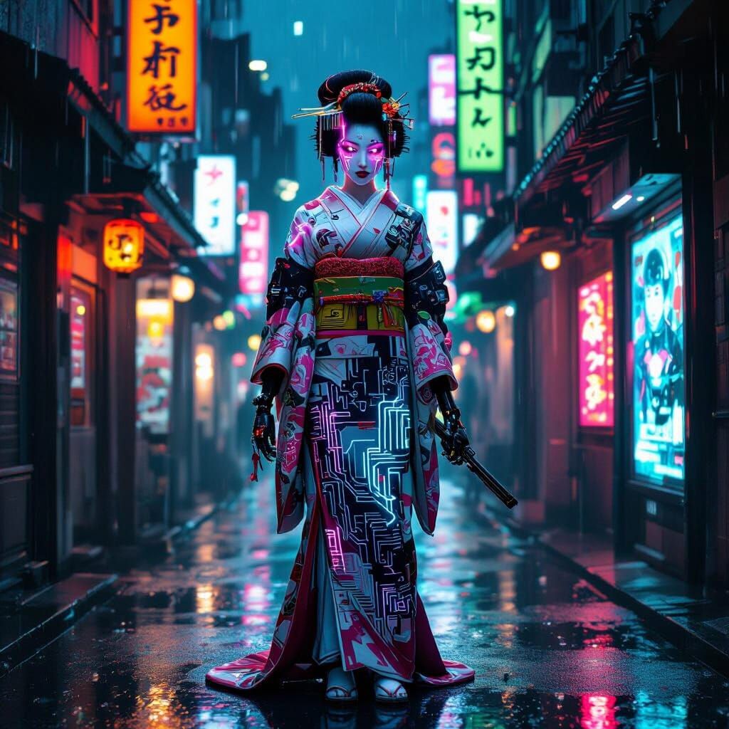 Cyberpunk Geisha with Robotic Arm in Tokyo Alley