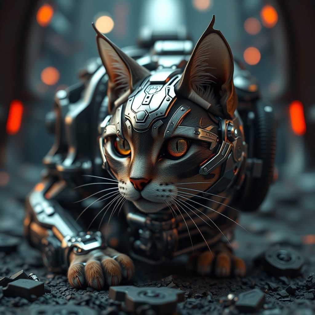 Cybernetic Feline in Futuristic Landscape