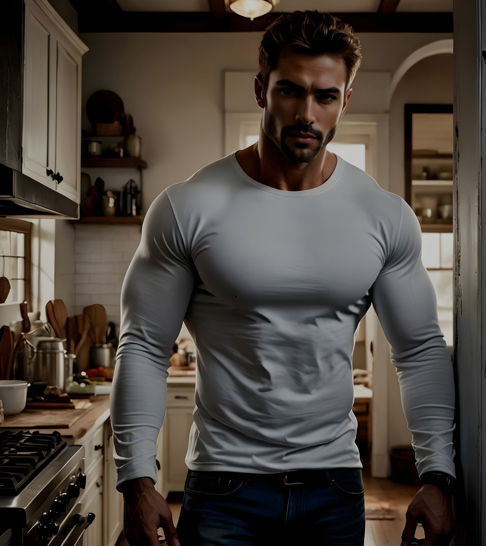 Sensual Hero in Shadowy Doorway, Cyberpunk Style