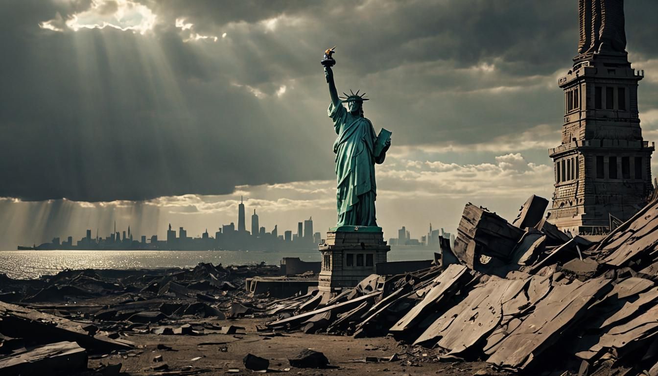 Dystopian Statue of Liberty: Cinematic Film Still