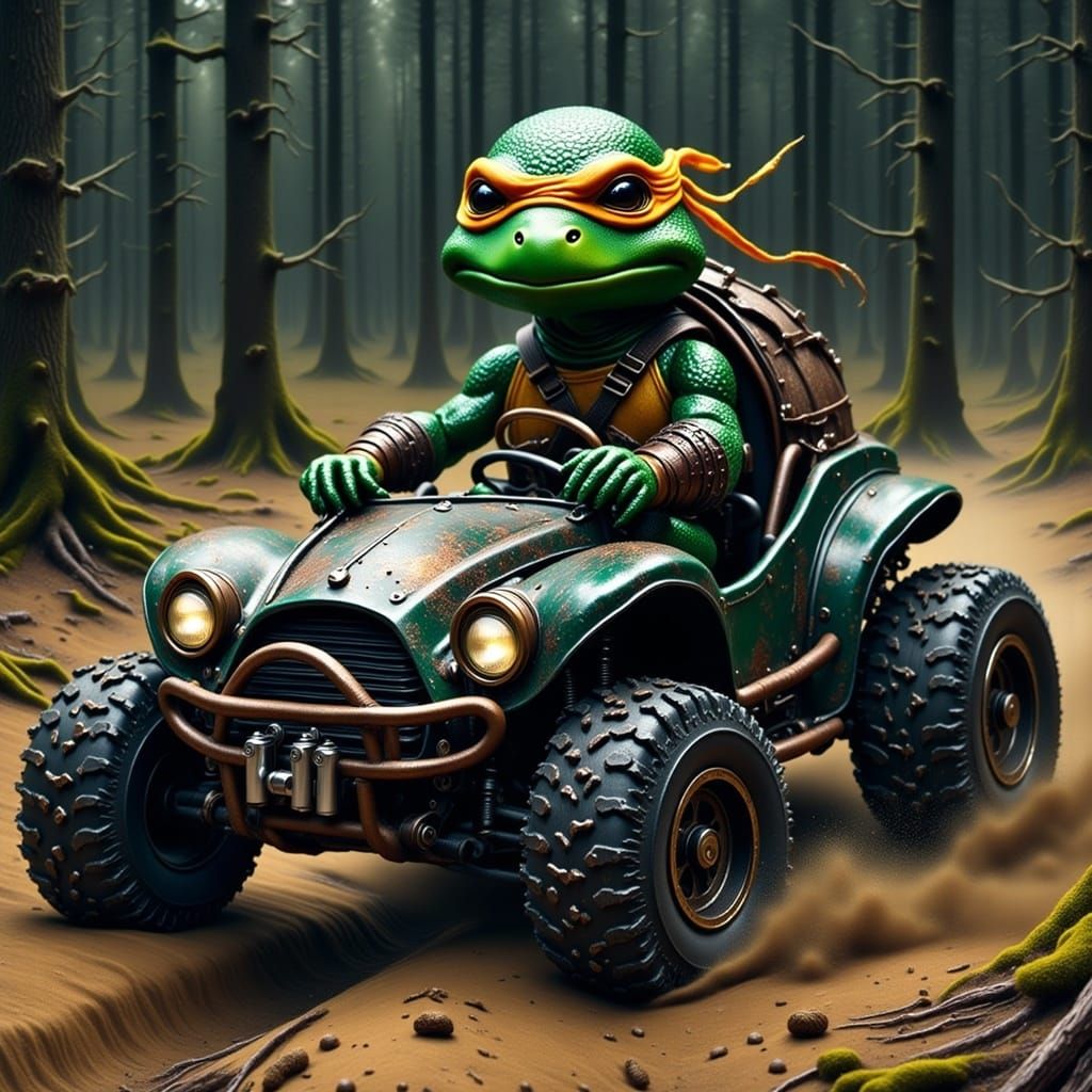 <lora:Guardians:1.0> ninja turtle in a dune buggy