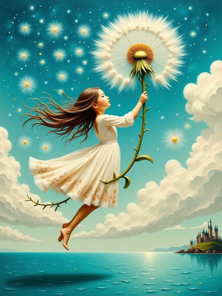 Surreal Whimsy: Young Girl Floats on Giant Dandelion Puff Ov...