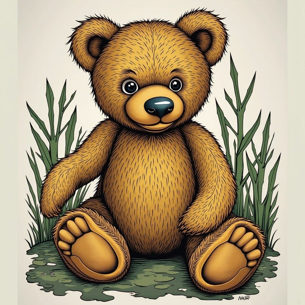 Patchwork Teddy Bear in Stained Glass Poster Style