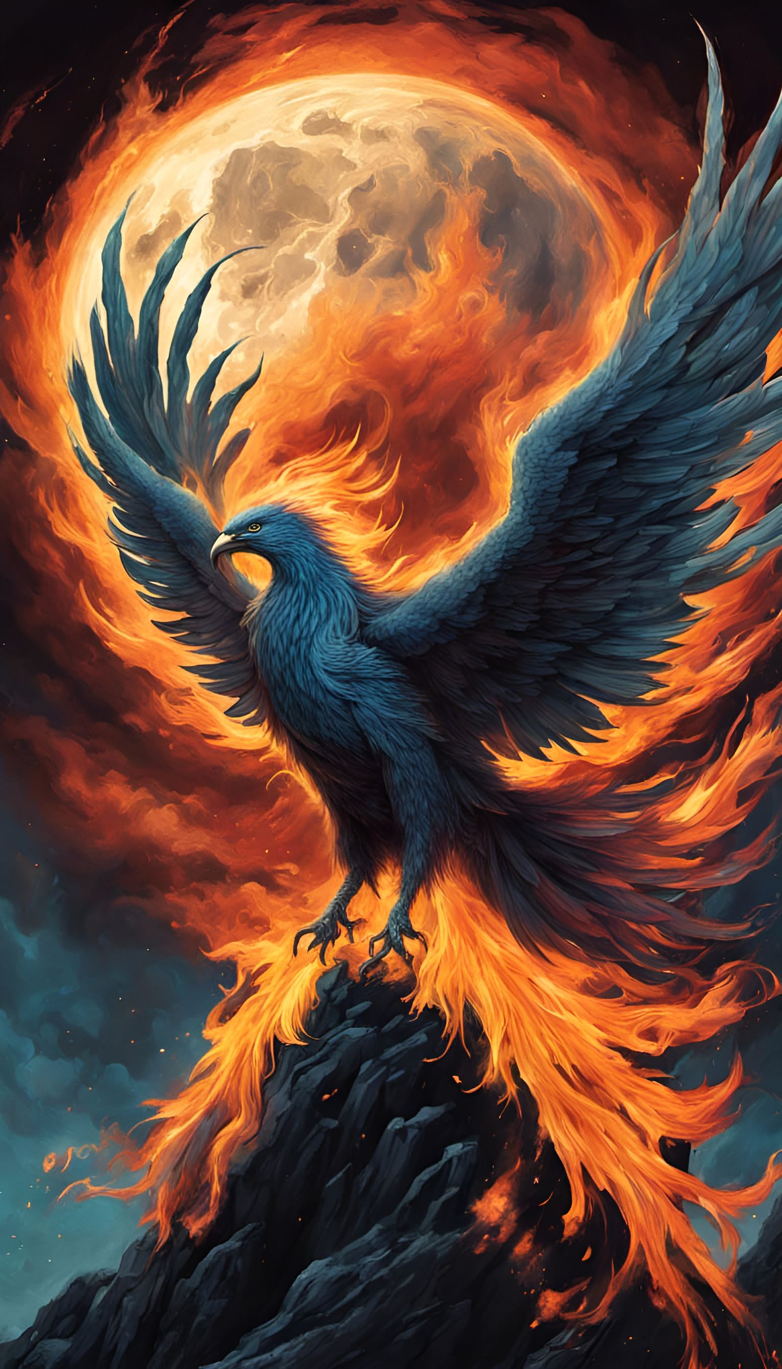 Phoenix Rising from Ashes Under Full Moon
