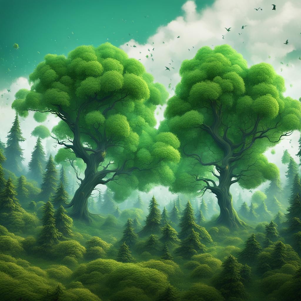Tall Green Trees in Strong Wind: Matte Painting