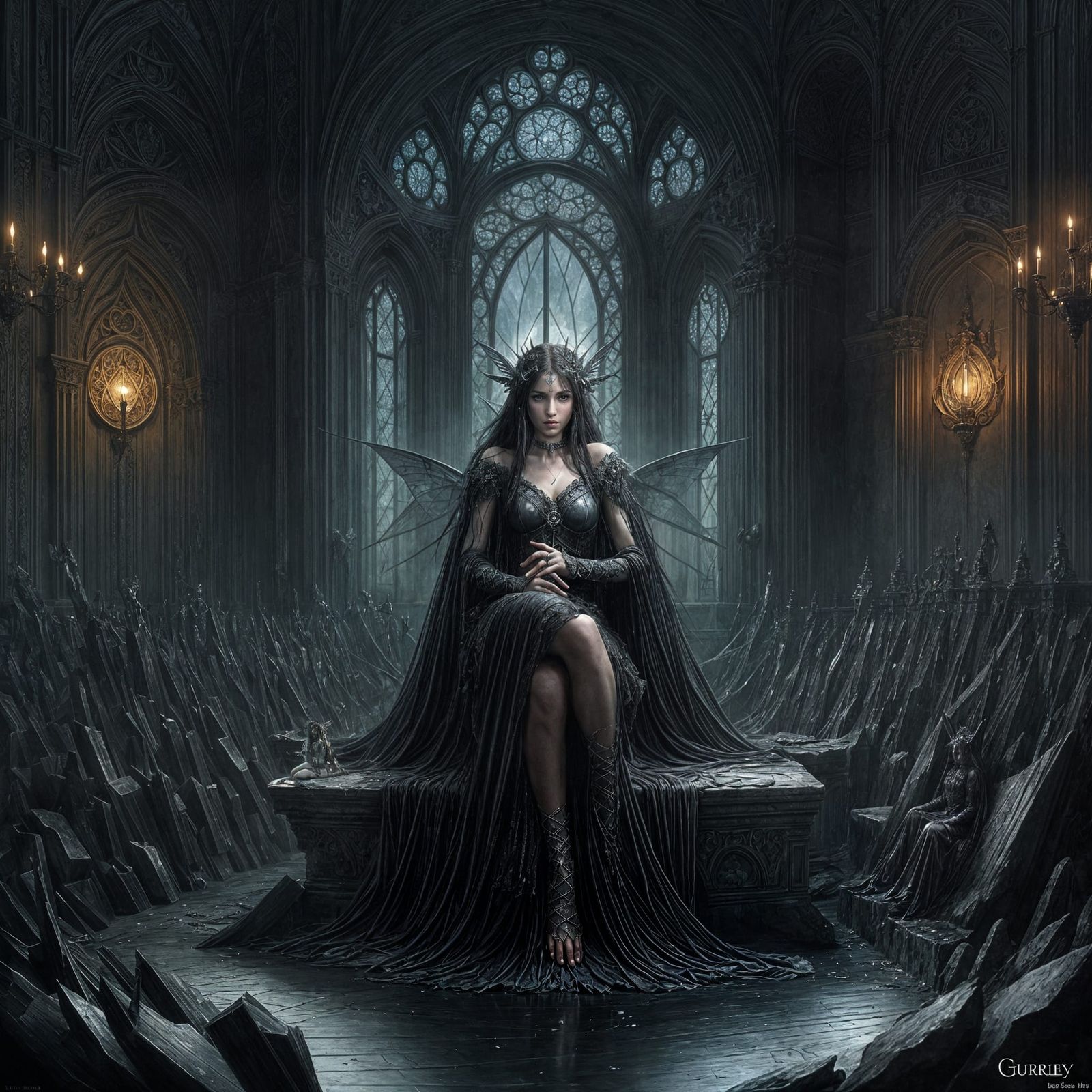A lonely and depressed dark fairy queen sitting in a roomful...