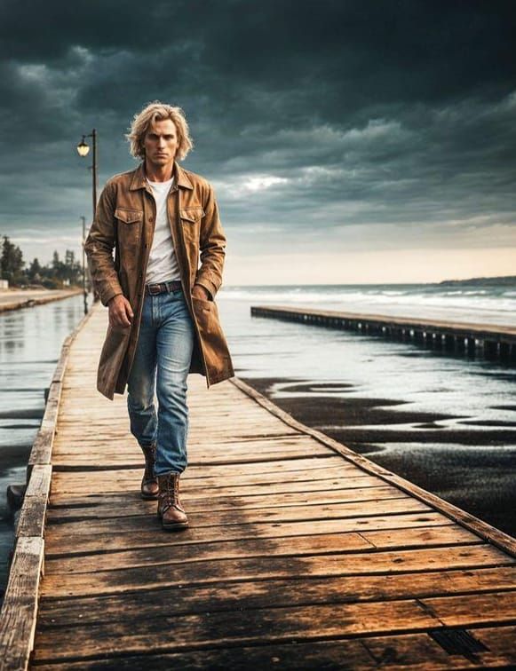 Pensive Man Walks Autumn Boardwalk at Sunset