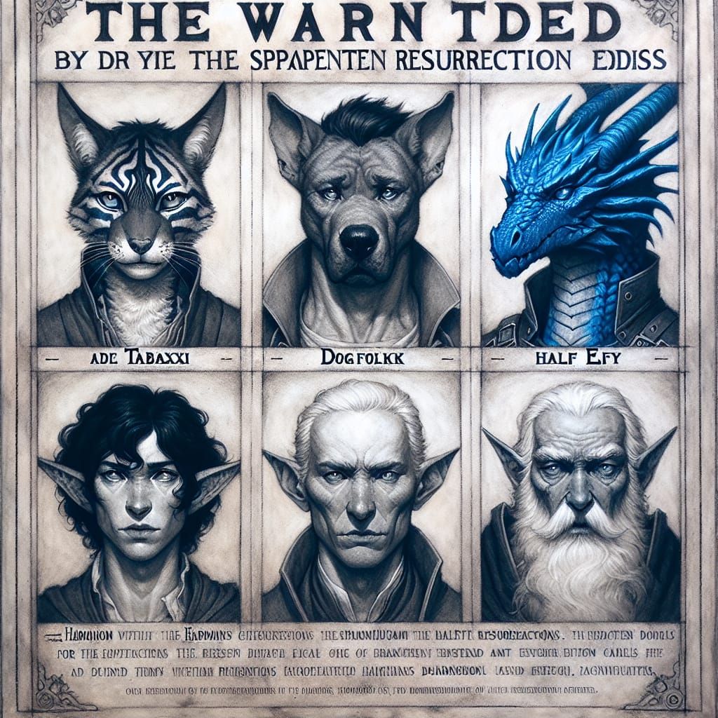 Vintage Wanted Poster of Fantasy Characters in Charcoal
