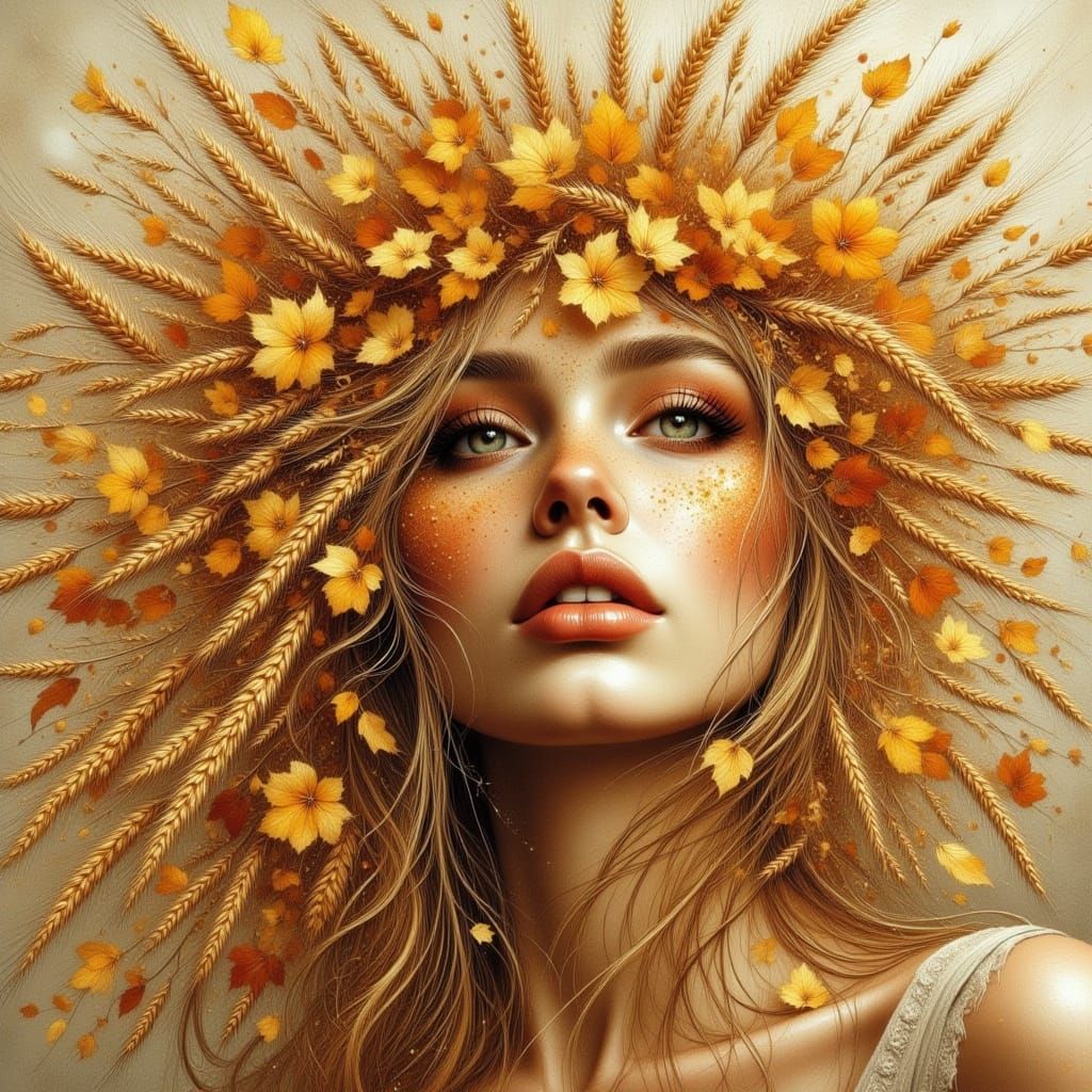 Autumn Goddess with Wheat Adornment in Moody Ink Style