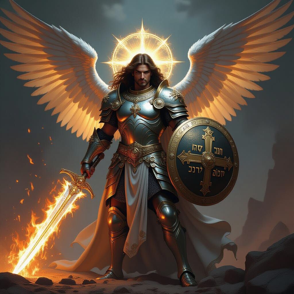 Archangel Michael in Celestial Armor with Flaming Sword