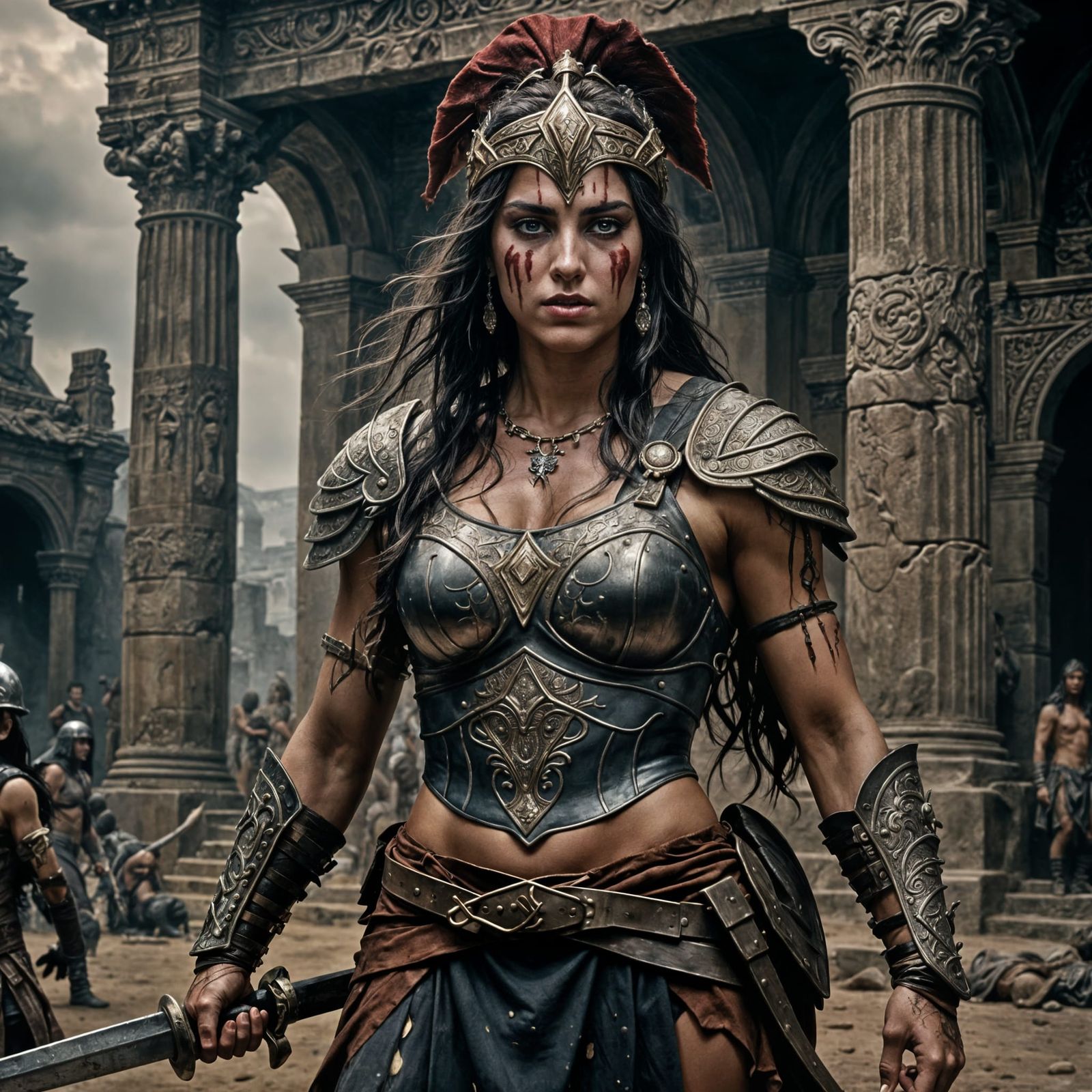 Fierce Gladiator Woman in Coliseum, Hyperrealistic 8k
