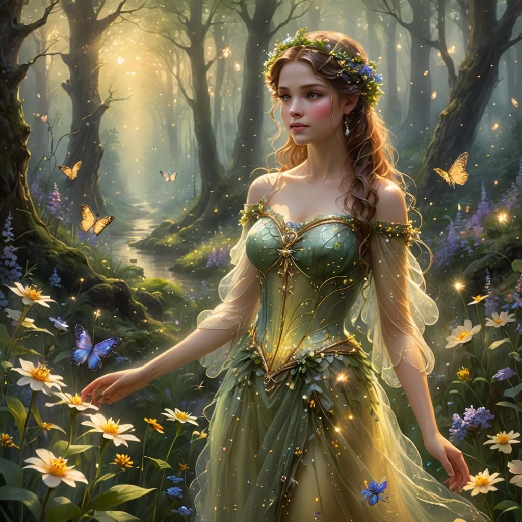 Spring Fae in Enchanted Forest, Painterly Style