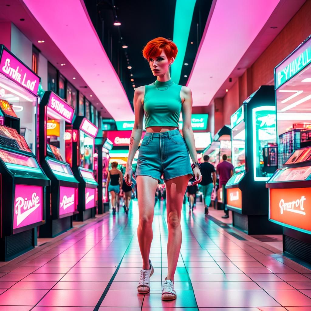 Redhead Girl in Synthwave Mall