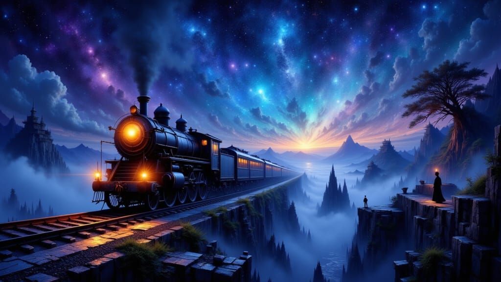 Mysterious Night Train Under Starry Sky Fantasy Art