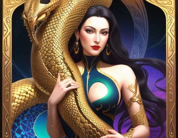 Golden Serpent Embraces Woman in Surreal Dreamscape