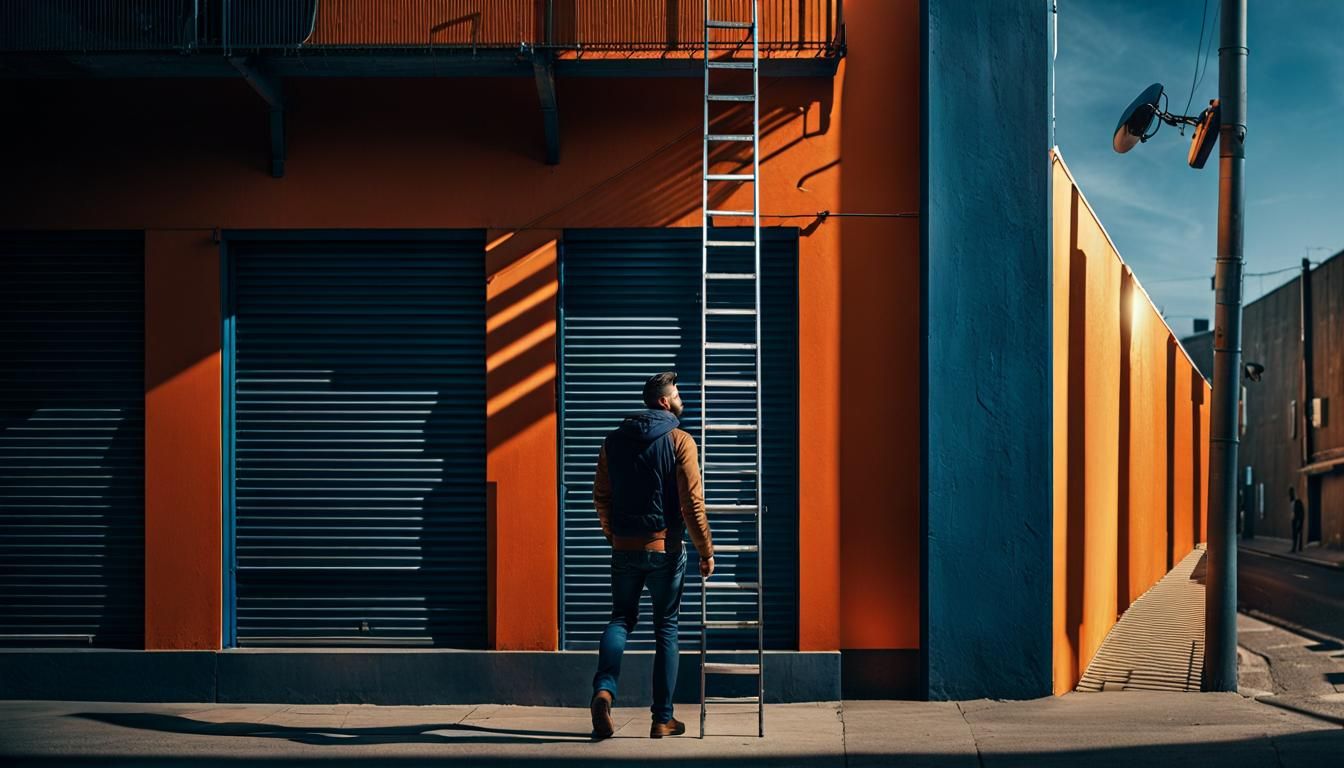 Man Walks Under Ladder in Hyperrealistic Street Scene