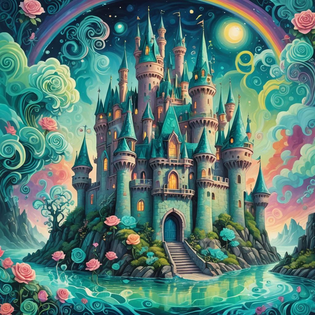 Whimsical Teal Rose Castle in Gouache Style
