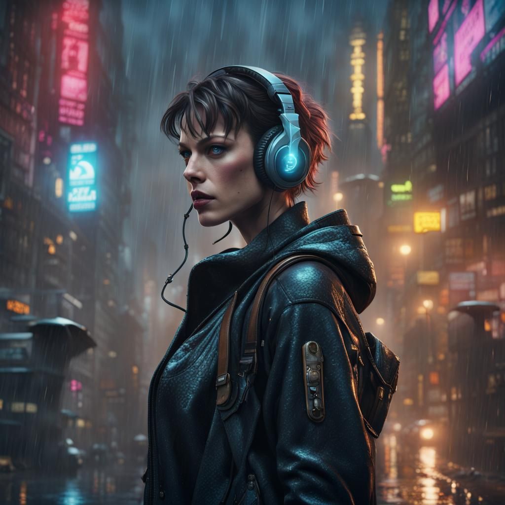 Cyberpunk Milla Jovovich in Rainy Cityscape