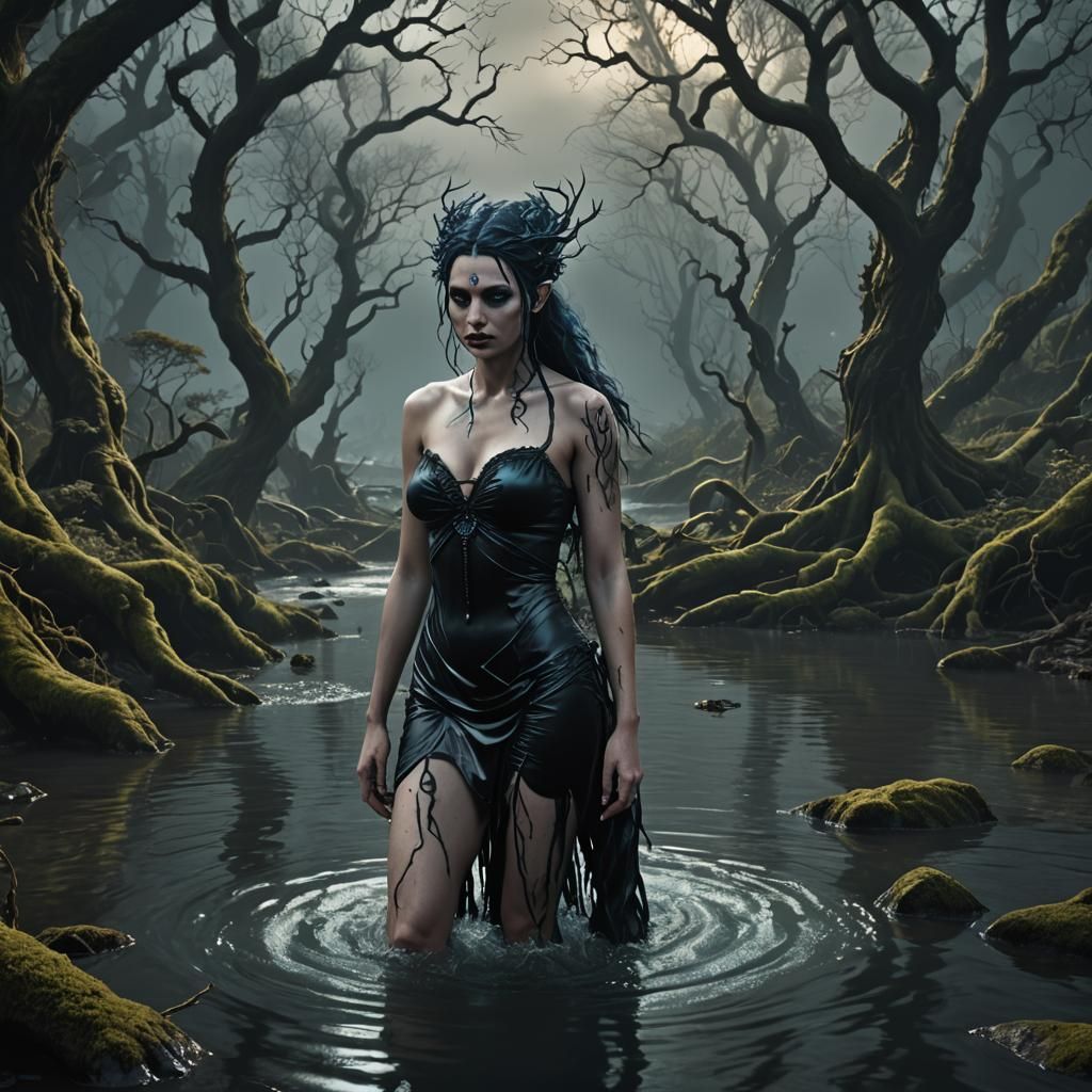 Gothic Water Nymph in Bioluminescent Forest, Photorealistic