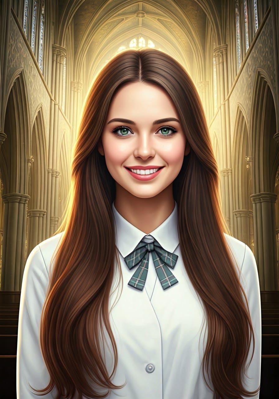 Gentle Catholic Schoolgirl in Whimsical Church Setting