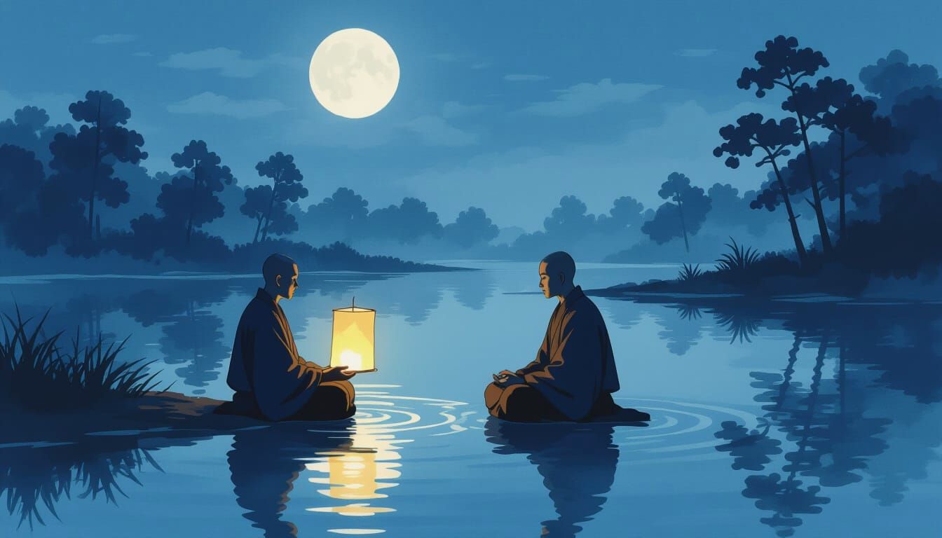 Monks Meditating by Moonlit River with Lantern