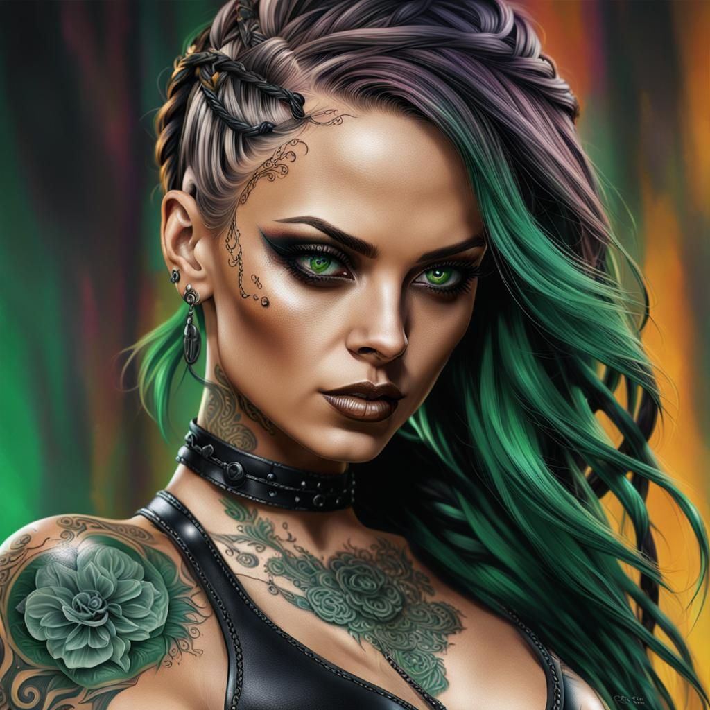 Gothic Woman with Tattoos in Splash Art Style