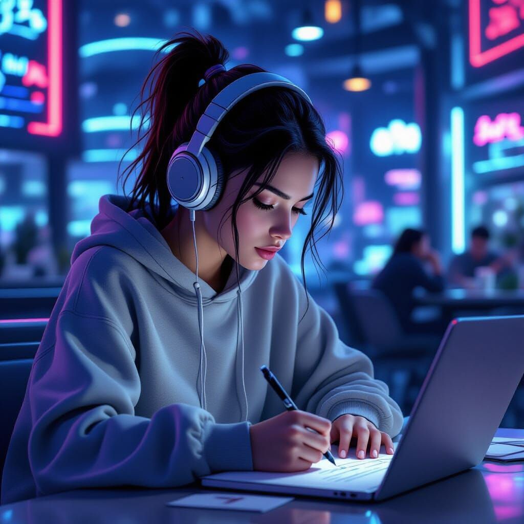 Girl Drawing in Futuristic Cafe, Digital Painting