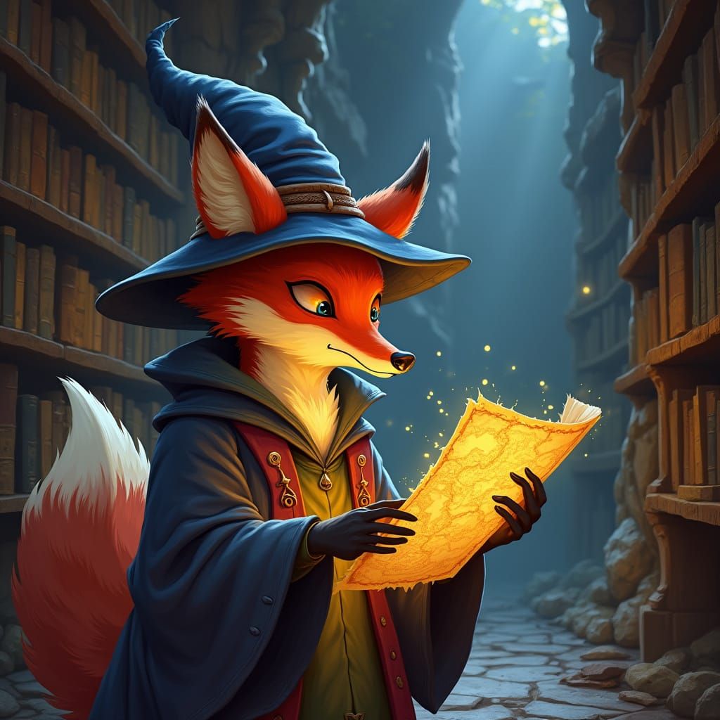 Anthropomorphic Fox Wizard Studies Ancient Map in Hidden Lib...