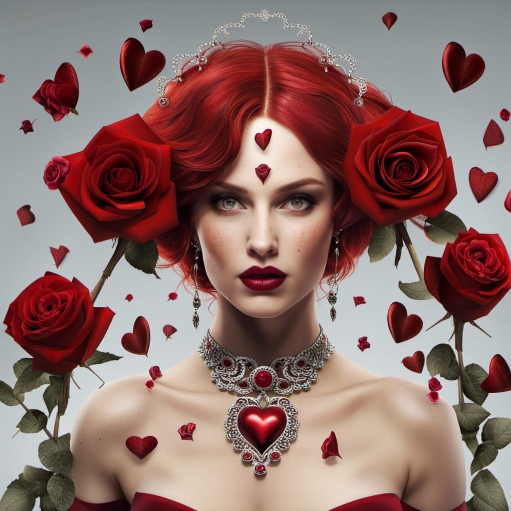Realistic Queen of Hearts with Red Roses