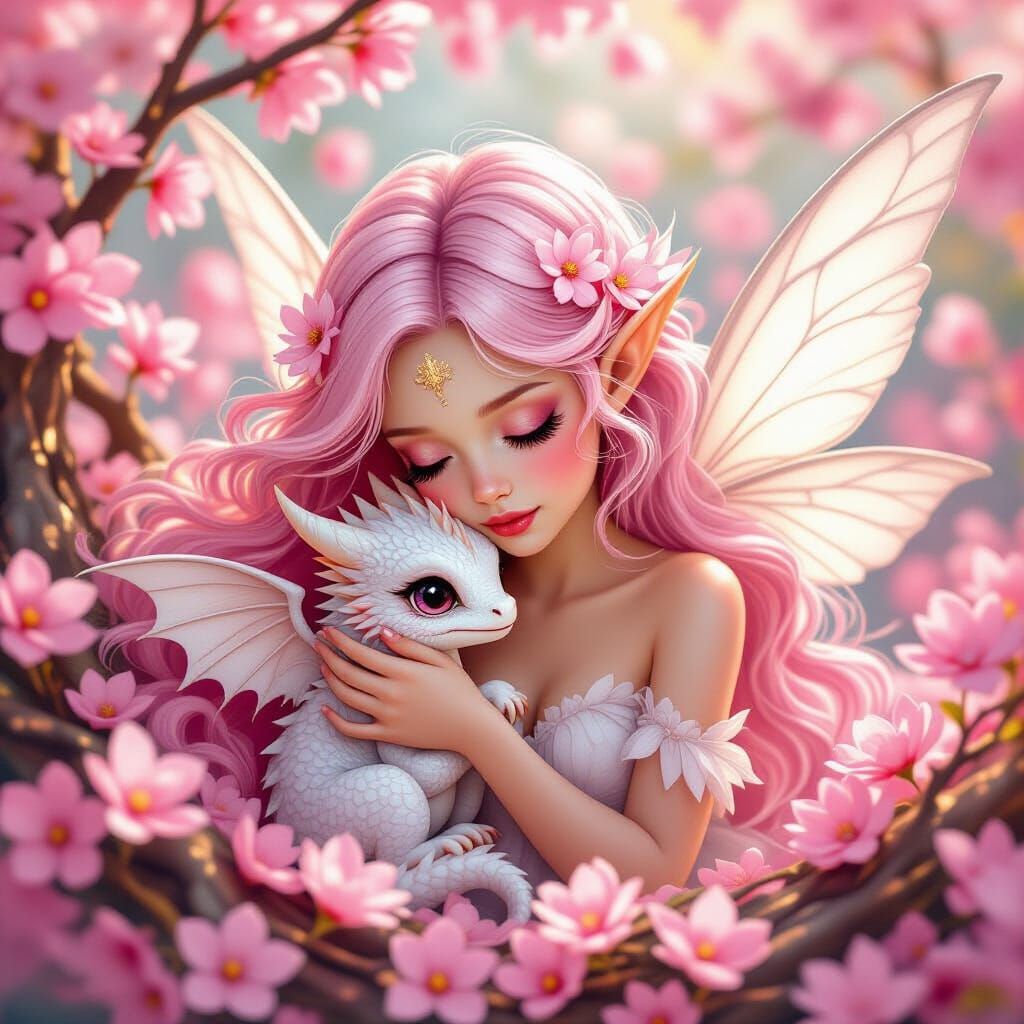 Ethereal Fairy Cuddles Baby Dragon Amidst Cherry Blossoms
