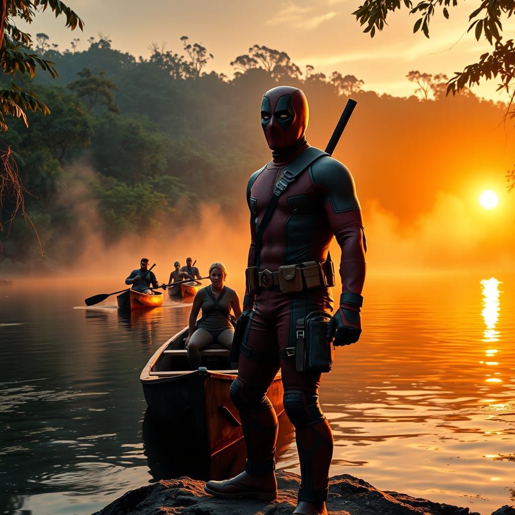 Deadpool and X-Men Paddle a Canoe in Amazon Rainforest Sunse...